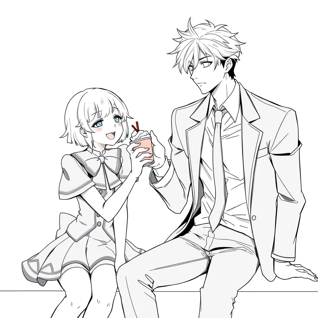 The boy was sitting and gently feeding his girlfriend a cup of ice cream, and the girl was wearing a lovely outfit and looked happy. The boy is tall, handsome, and dressed formally. Anime lineart.