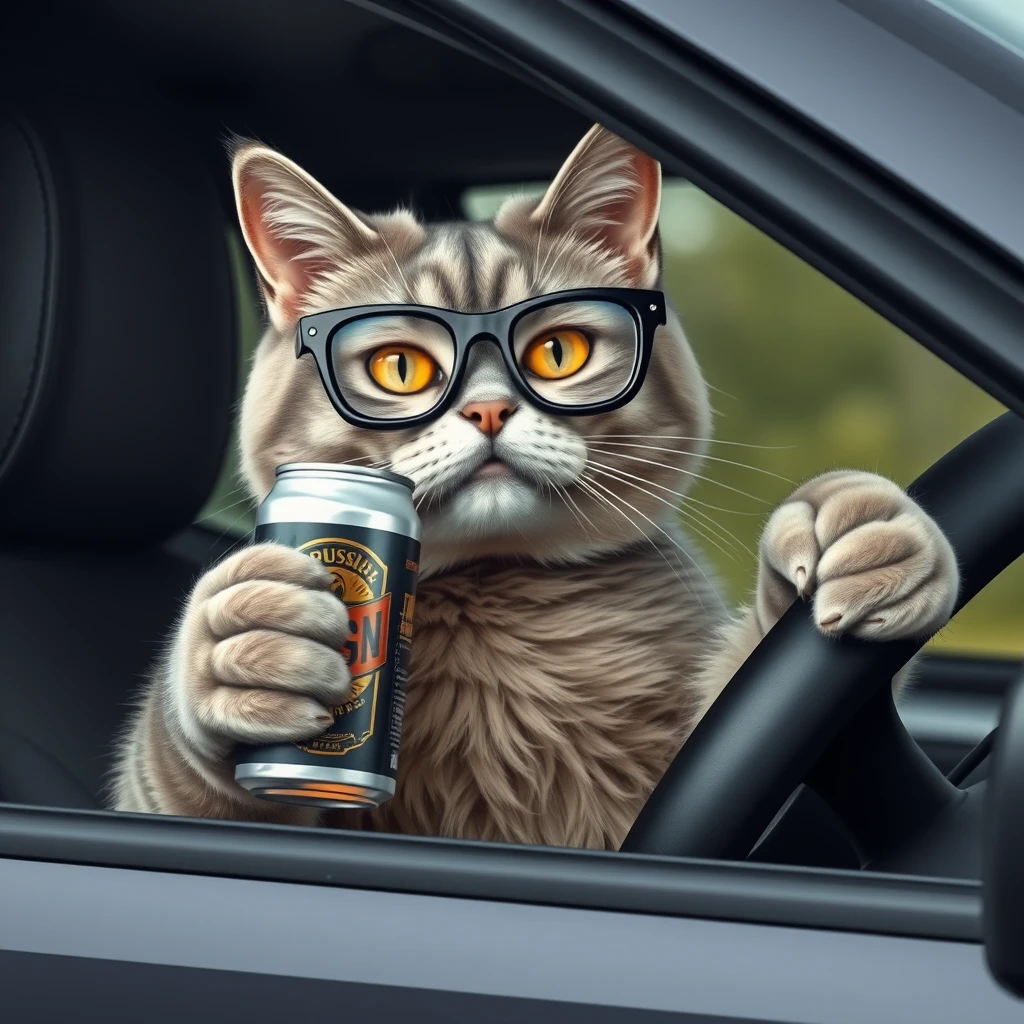 The cat is sitting behind the wheel and holding a can of beer in his hand. And sometimes drinking it. It's a Russian cat. He is a grey cat. His name is Pasha. He has an evil face. He is wearing big black glasses. On top of the image is the text "Texnik".