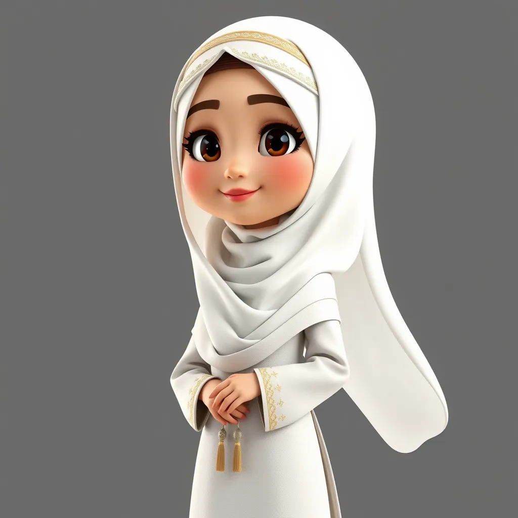 "Create a 3D animated cartoon of a Muslim woman from Palembang wearing a long white gamis. The character should be highly detailed with 8K resolution. Focus on traditional Palembang features and cultural elements."