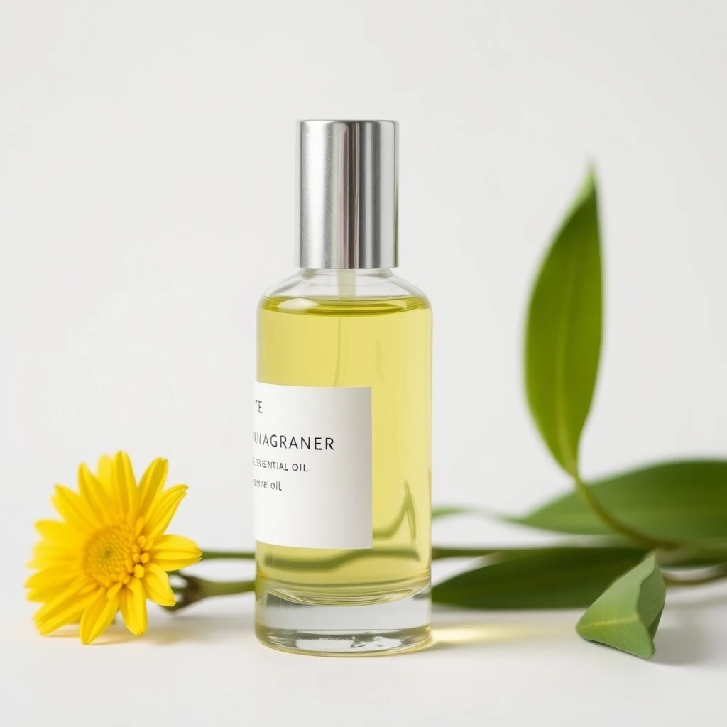 Complete transparent fragrance essential oil, silver metal cap, bottle with yellow liquid, beside it there are yellow monochromatic flowers and green leaves contrasting behind the bottle, minimalist style.