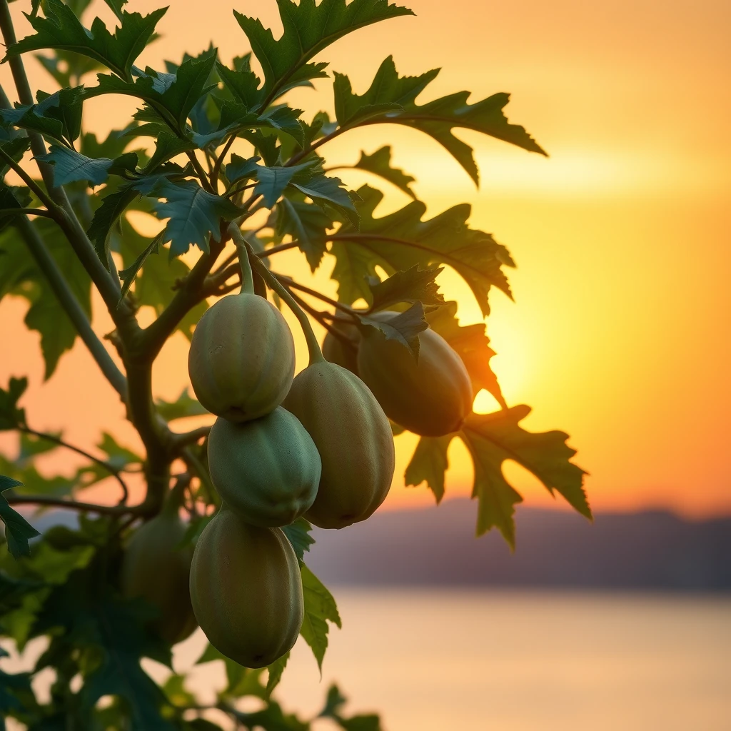 Papaya tree in front of sunset