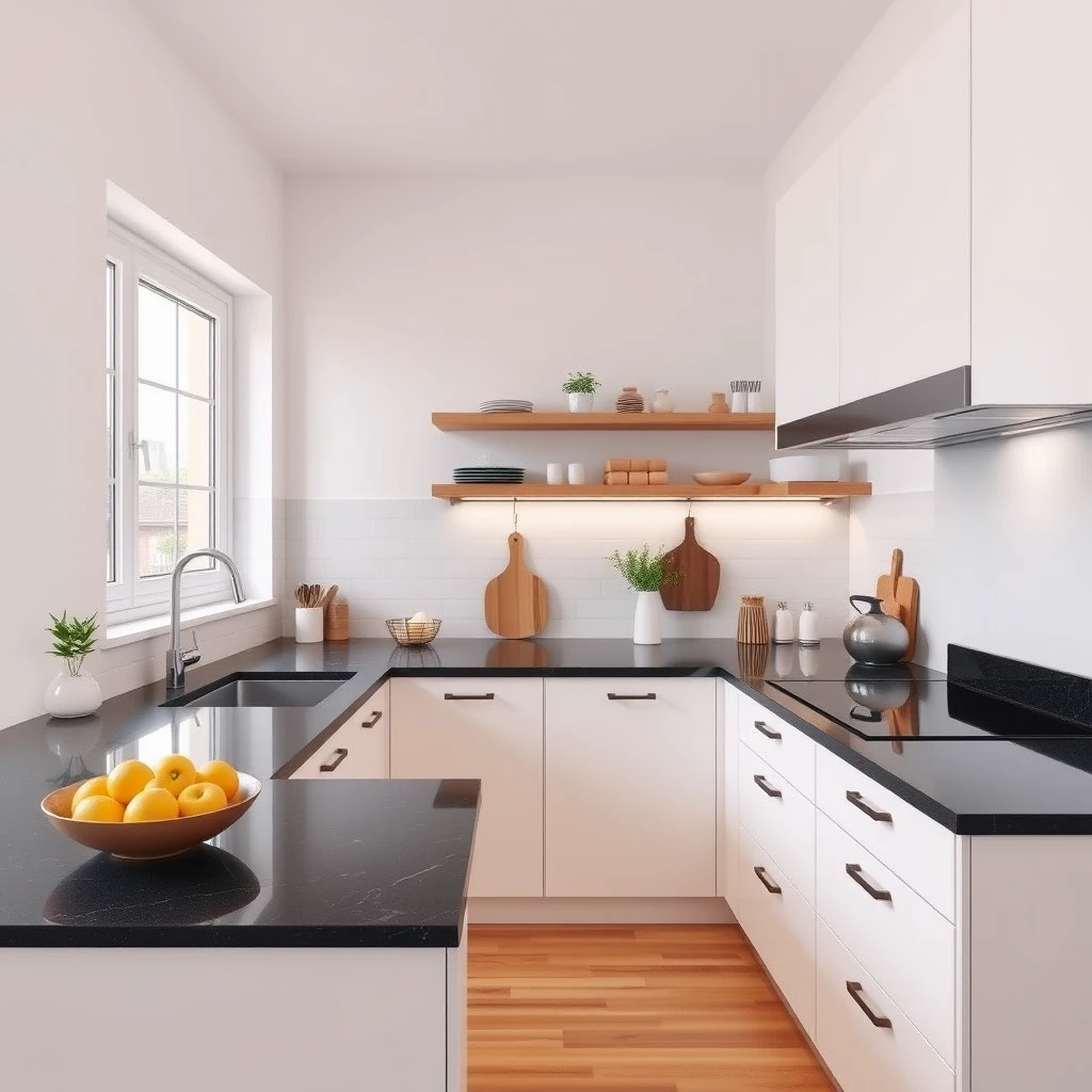 Minimalist and cheerful L-shaped kitchen platform in black granite counter, with a sink in one corner, a window on one wall, and a cooktop next to another wall, featuring space-saving storage ideas in a fresh style and color palette, spacious enough for 3 people to work together.