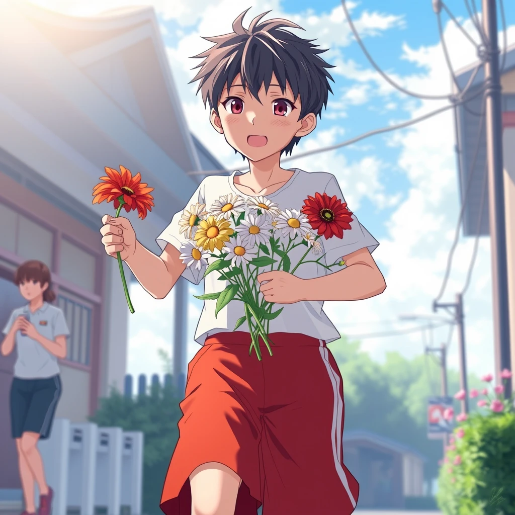 Young, holding flowers, running, anime, realistic, Japan, summer, single, boys