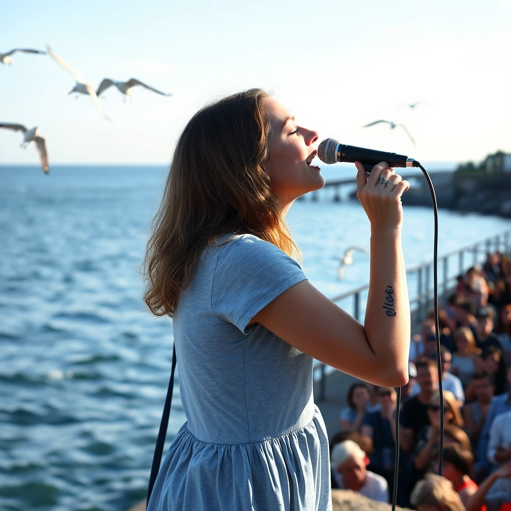 A girl singing by the seaside, with a tattoo of "love" on her arm, seagulls flying over the sea, and a crowd applauding in the bottom right corner, photographed in real life.