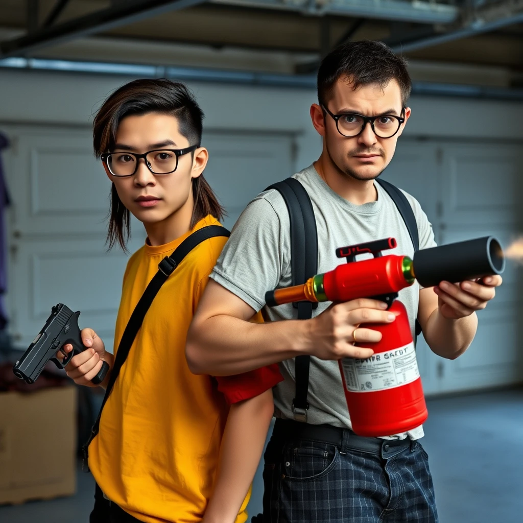 2 person setting, "21 year old northern Chinese thin man wearing square glasses, mid/long black mullet hair, holding pistol"; "21 year old white Italian man wearing round glasses, short hair, holding very large fire extinguisher flamethrower", garage setting, both angry.