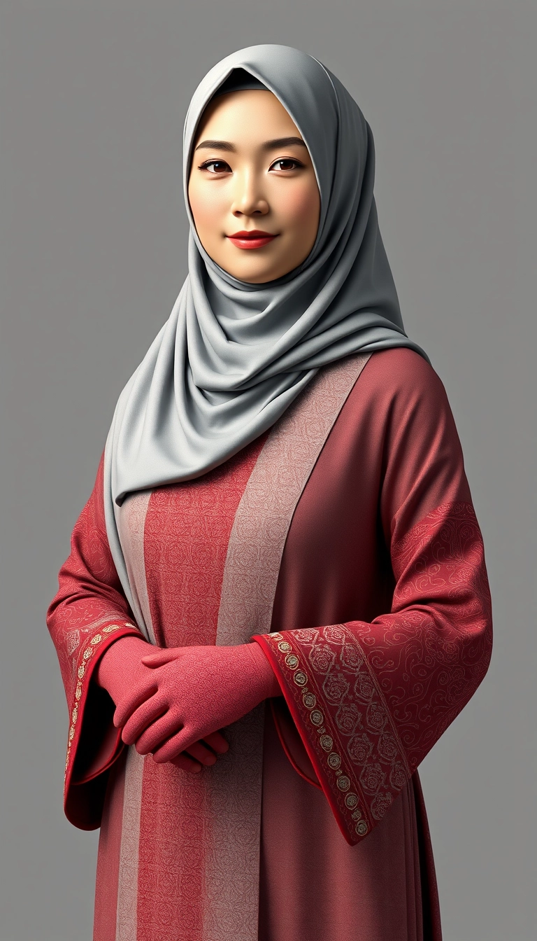 A 3D, 8k depiction of a Muslim woman from Palembang, wearing a traditional long songket and a long gown (gamis). She is adorned with a hijab that covers her chest and wears batik gloves covering her hands. - Image