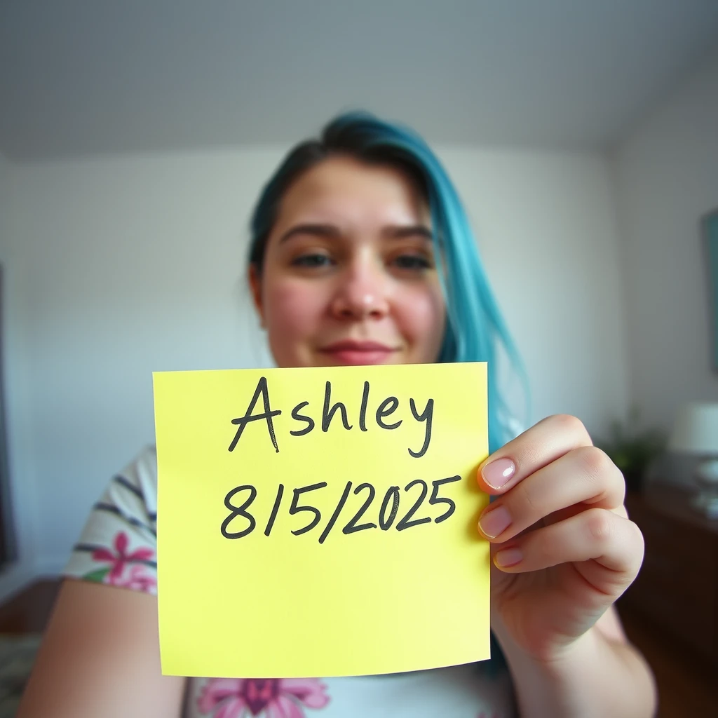 Photo taken on a low quality webcam of a girl holding up a sticky note to the camera that says "Ashley 8/5/2025" in handwritten script. It’s a wide focal length and is photorealistic. The background is a typical home setting, a blank drywall white wall. There isn’t any background blur. Smartphone photo, bad quality. There is no depth of field or any blur. F.16 aperture. 35mm lens. The girl is a white overweight woman with blue dyed hair. Parts of the image are overexposed and have noticeable visual noise. - Image