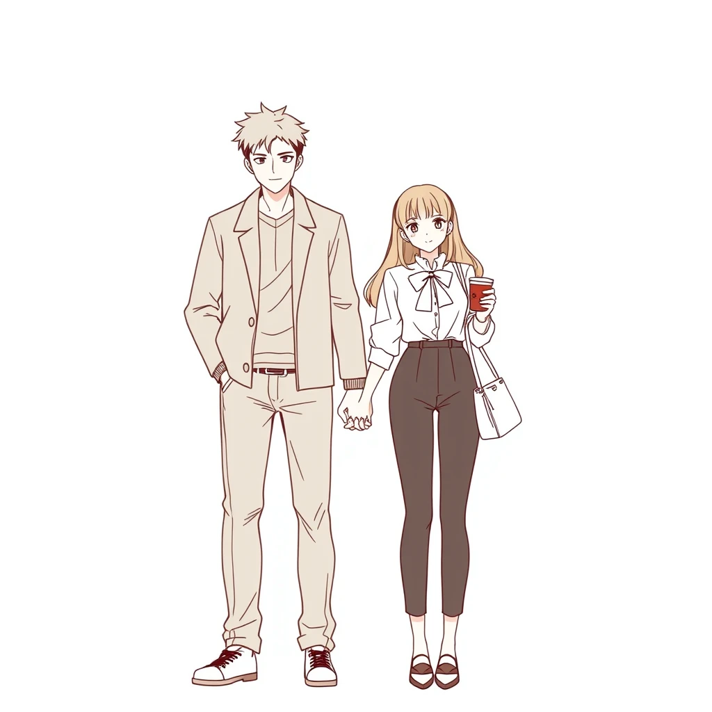 anime lineart, young woman standing with a tall handsome boy, couple, wearing fashion, bow, simple background, cup, handbag, hand in hand, daily life