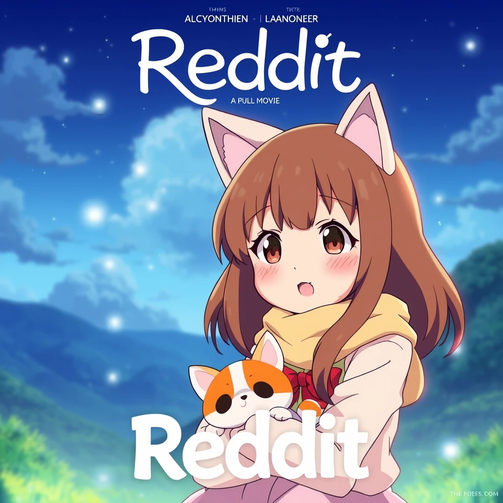 Anime movie "Reddit" movie poster, cute girl with a cute pet.