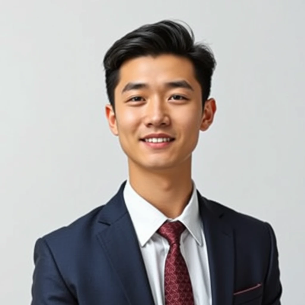 "A young handsome man from China wearing a suit in a formal high-definition photo with a white background."