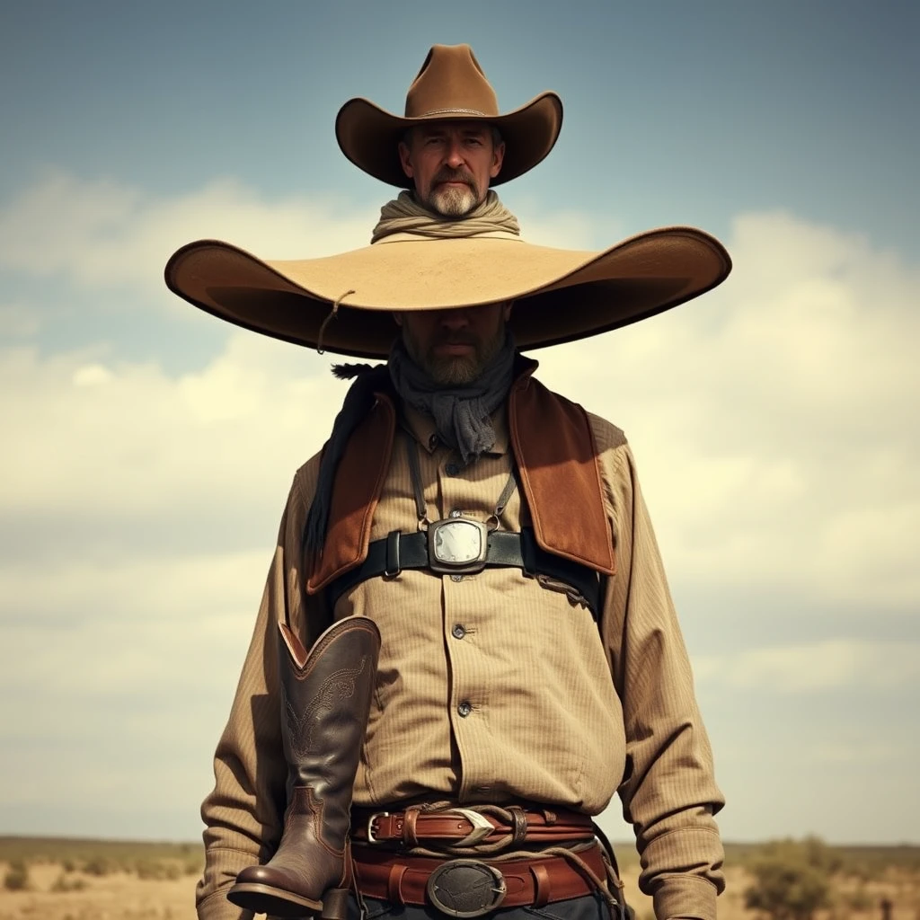 A photo-realistic picture of an old West cowboy, but with a giant cowboy hat and oversized boots. - Image