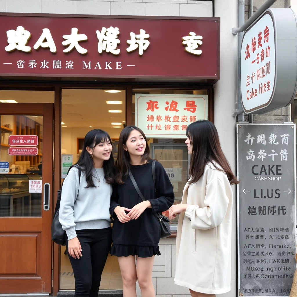 Two young women are chatting outside a cake shop, and you can see them wearing socks. There is a sign outside the restaurant, and the words on the sign are clearly visible, including Chinese characters.