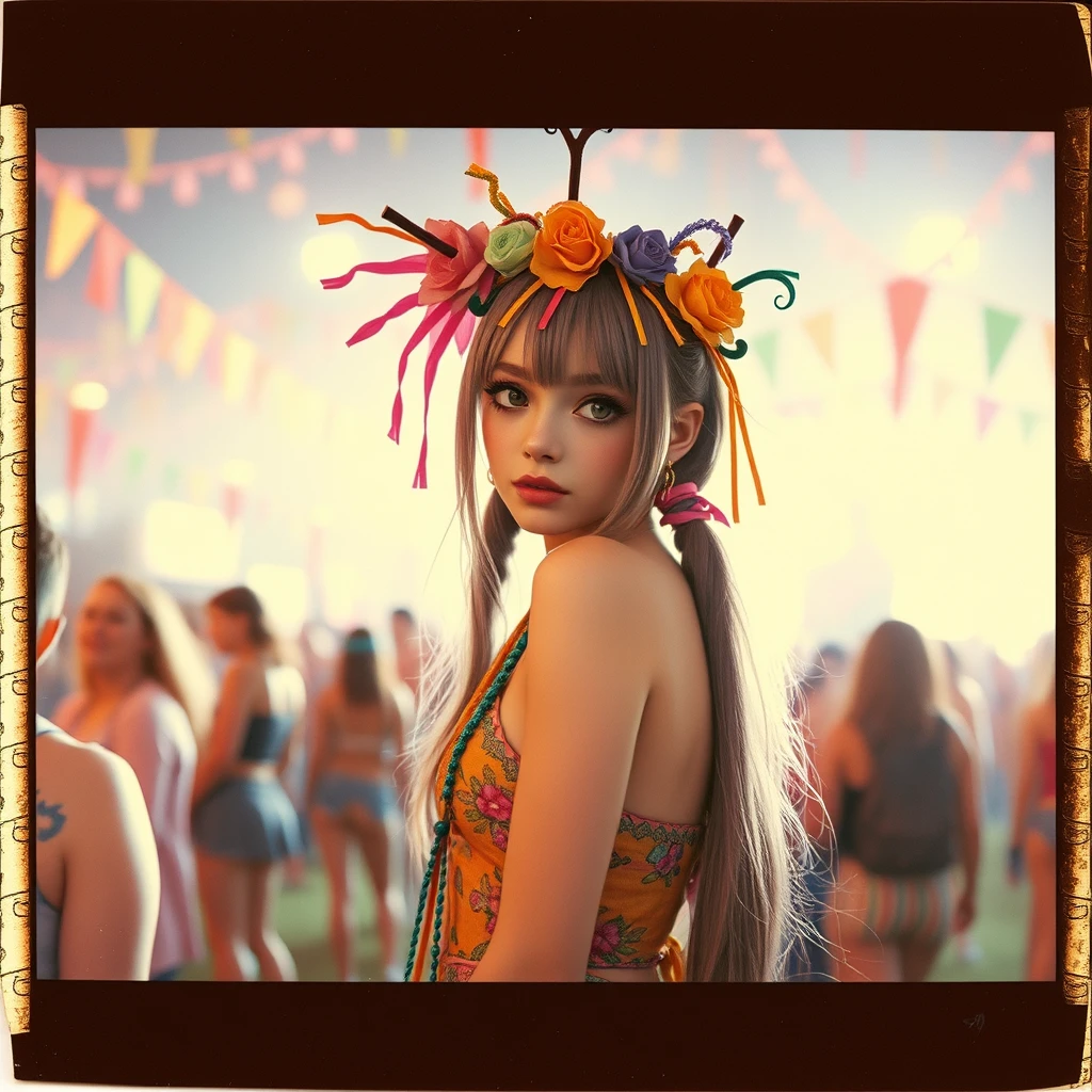 Old retro photo of a hippie anime girl at a music rave festival with psychedelic trippy decorations and colors, polaroid photo.