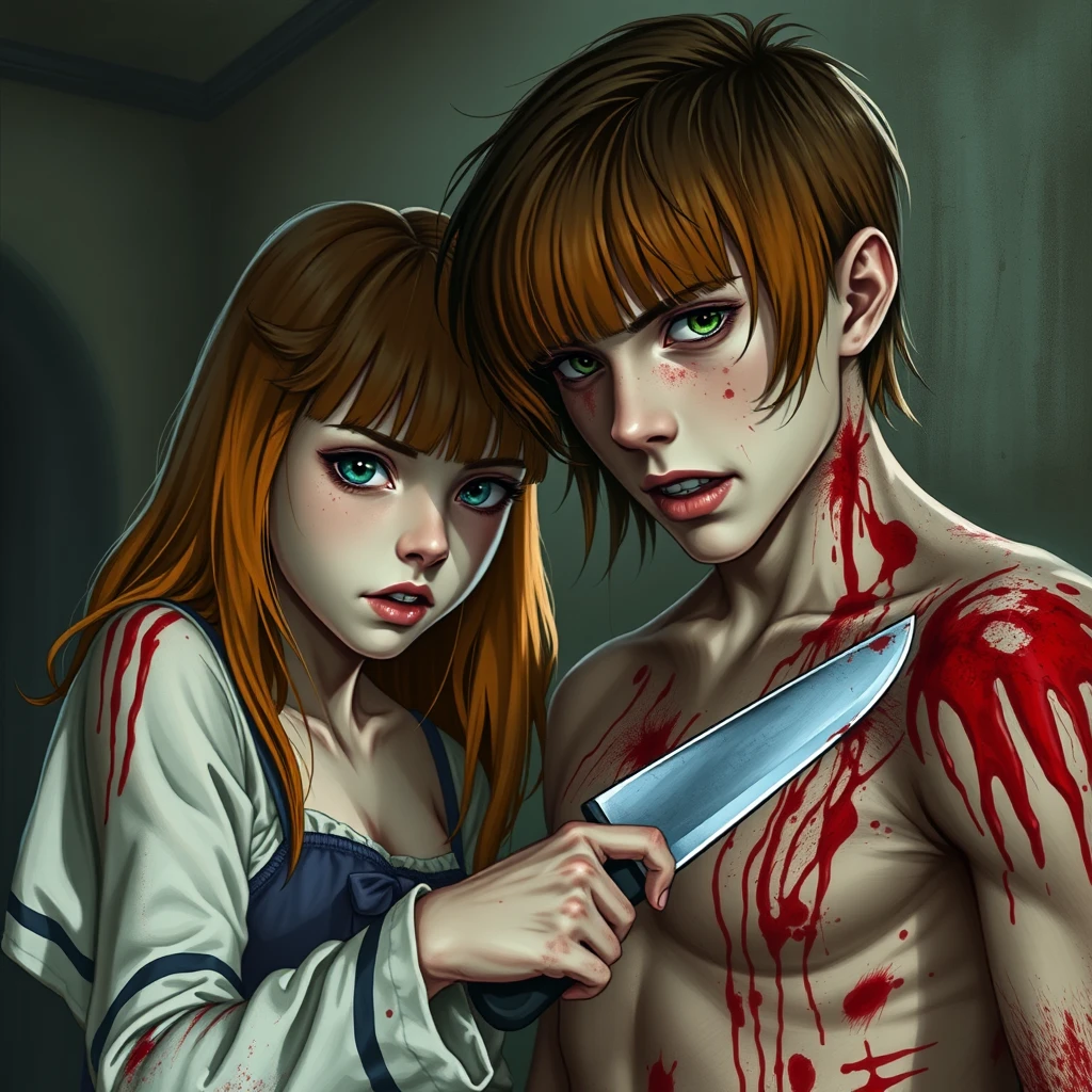 A horror scene; a short, skinny teenage girl with long ginger hair and bangs, green eyes, and large breasts using a knife to cut a tall young white guy with brunette hair, dark eyes, covered in blood.