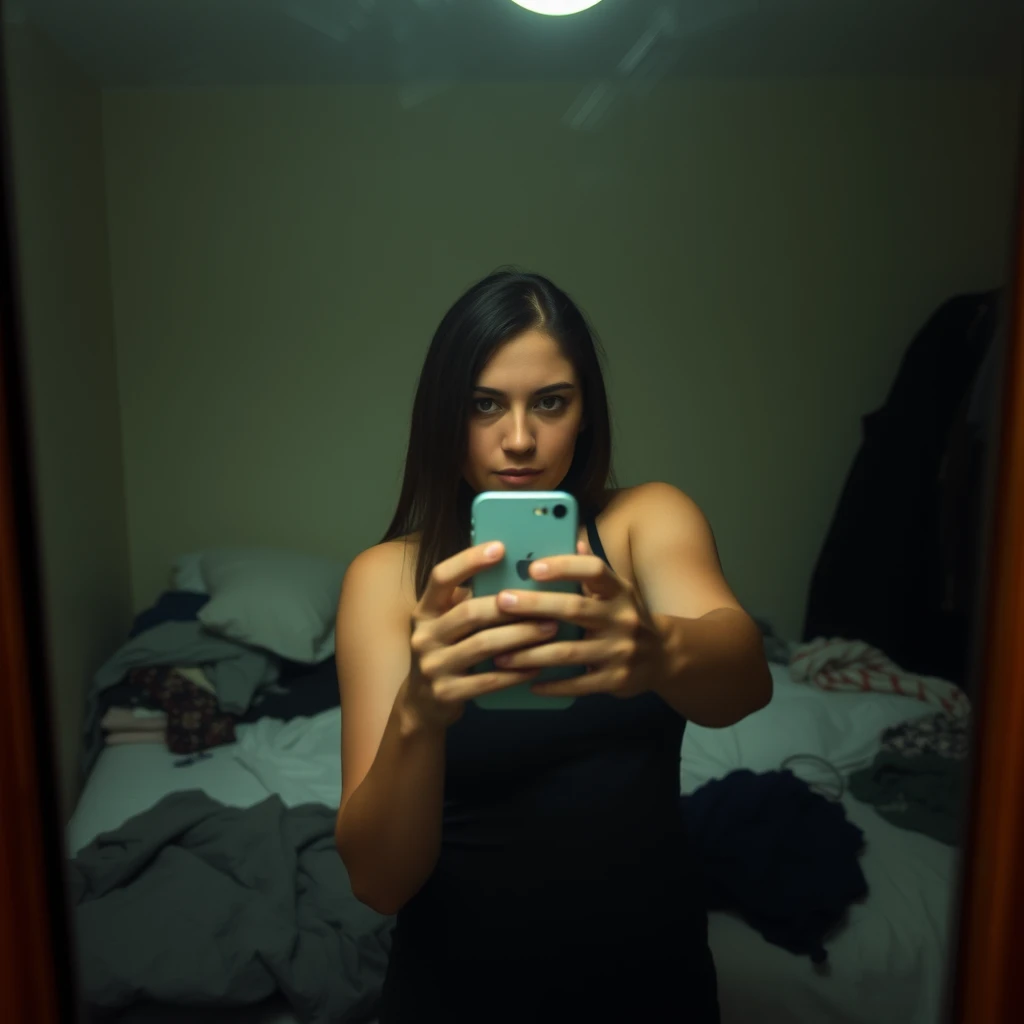 Phone photo: A woman stands in front of a mirror, capturing a selfie. The image quality is grainy, with a slight blur softening the details. The lighting is dim, casting shadows that obscure her features. The room is cluttered, with clothes strewn across the bed and an unmade blanket. Her expression is casual, full of concentration, while the old iPhone struggles to focus, giving the photo an authentic, unpolished feel. The mirror shows smudges and fingerprints, adding to the raw, everyday atmosphere of the scene.