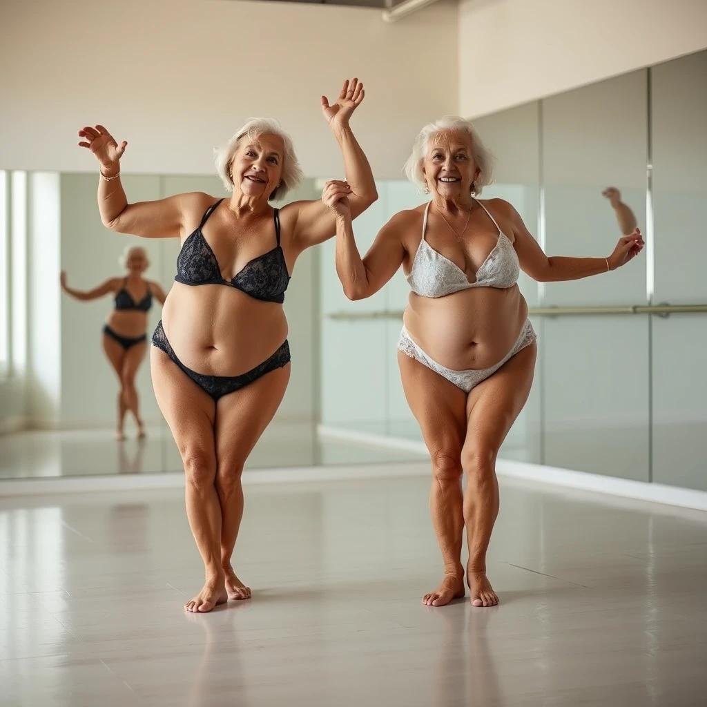 Two larger older women aged 80 in tiny lace bikinis doing the splits in a bright room with mirrors on the walls and floor.