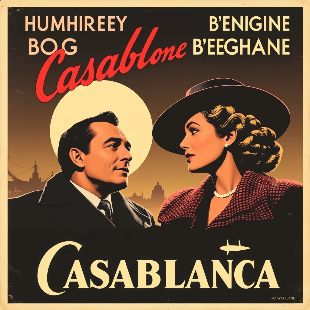 A vintage movie poster for the film Casablanca starring Humphrey Bogart and Ingrid Bergman.