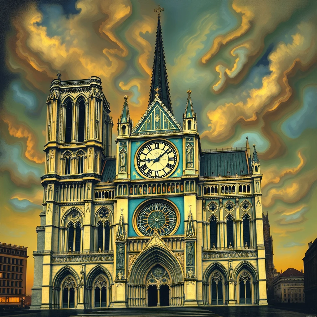 'in the style of Salvador Dali's "Melting Clocks": Notre Dame'