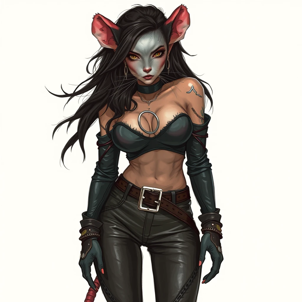 an anthro female rat, low cut top, leather pants, tight clothing