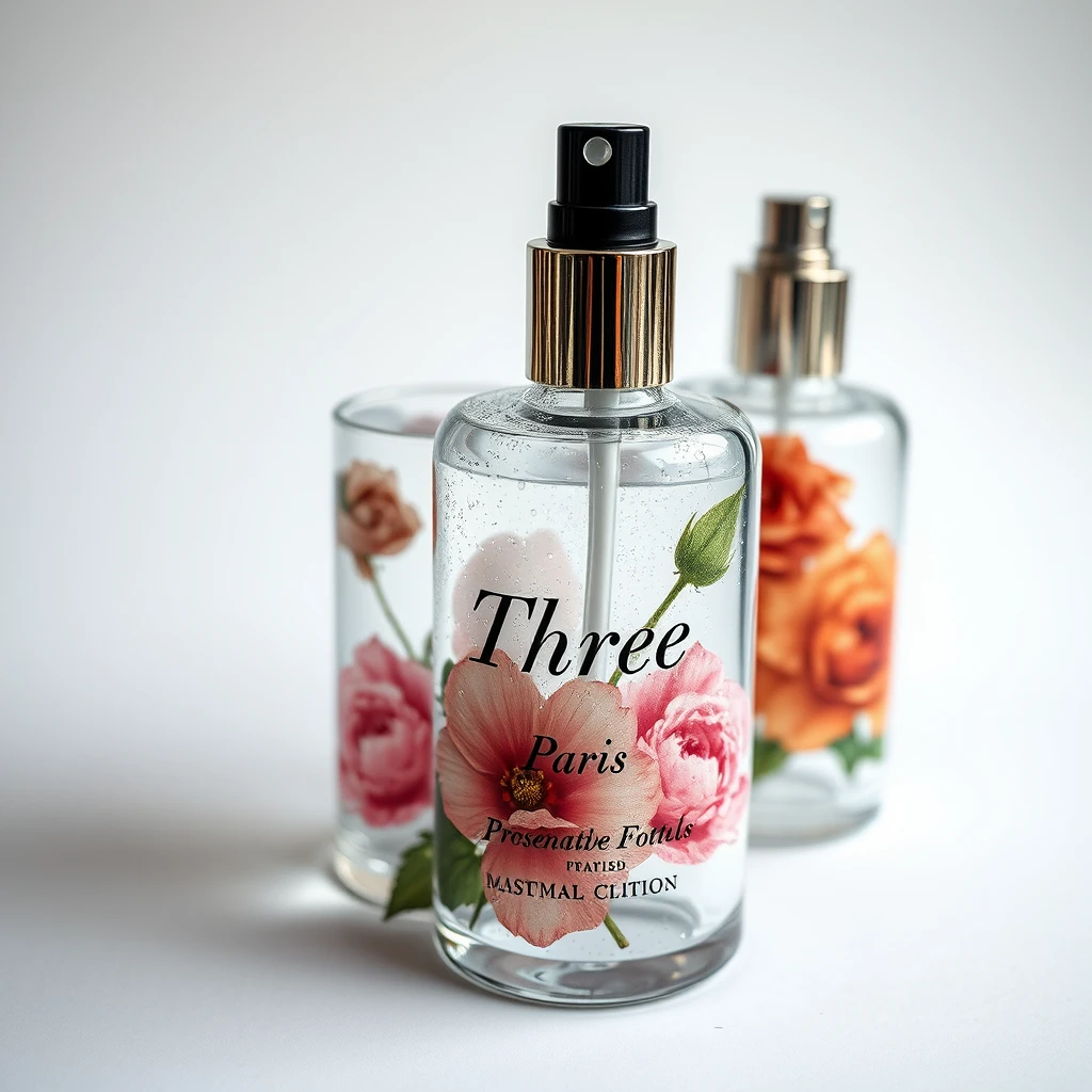 Realistic photography, limited edition glass cosmetic bottles from Paris, the glass bottles are printed with "Three" and representative floral imagery, on a white background, with dew on the bottle body, featuring epic visual effects and exquisite printing techniques, intricate details, rich details. - Image