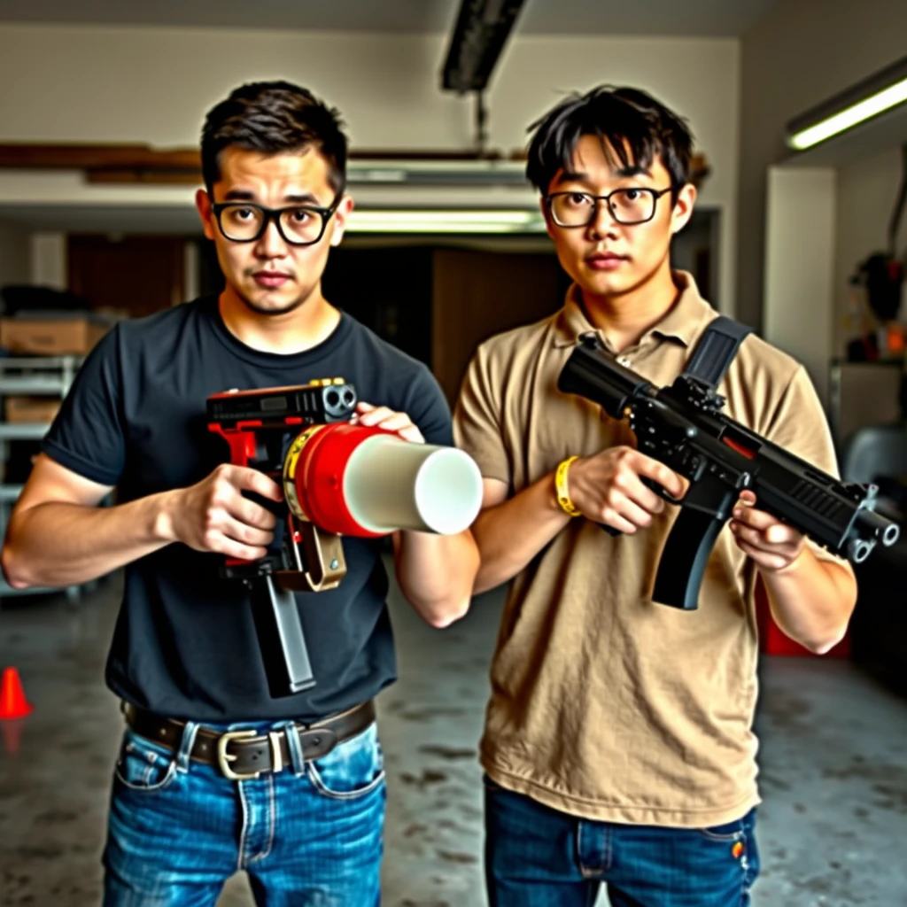 A 21-year-old very light-skinned Italian man, wearing round glasses and having short black hair, is holding a very large fire extinguisher-style flamethrower. Alongside him is a 21-year-old northern Chinese man with a thin, long face, wearing square glasses, sporting mid/long black hair with a fringe, and holding a Glock. Both display anger and murderous intent in a garage setting.