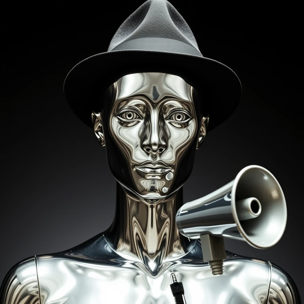 A mystical reflective chrome-skinned mannequin with no nose, mouth, ears, or pupils. With empty silver eyes wearing a fedora and holding a fake megaphone. - Image