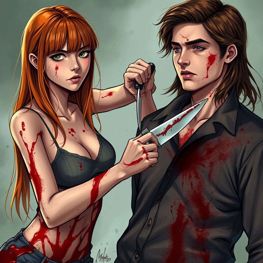 A death scene with two people; a short, skinny teenage girl with long ginger hair with bangs, green eyes, and large breasts, wielding a knife, is cutting into a tall young white guy with brunette hair and dark eyes, who is covered in blood. - Image