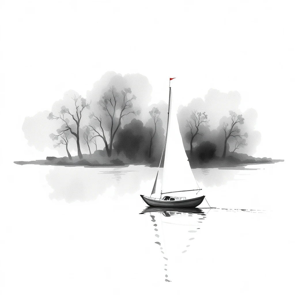 painting of a sailboat on a calm river with trees in the background, black and white watercolor, ink wash painting, serene illustration, sailing boat, ink wash, on the calm lake, sail boat on the background, sailboat, black and white painting, ship on lake, traditional chinese ink painting, artistic illustration, tranquil scene, artistic rendering, fine art sketch