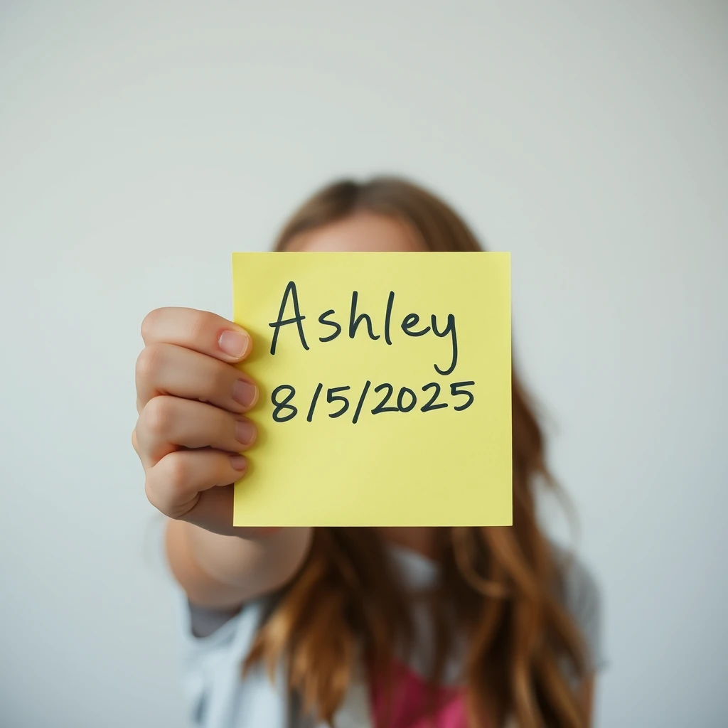 Photo taken on an iPhone of a girl holding up a sticky note to the camera that says “Ashley 8/5/2025” in handwritten script. It’s a wide focal length and is photorealistic. The background is a typical home setting, a blank drywall white wall. There isn’t any background blur. Smartphone photo, bad quality. - Image