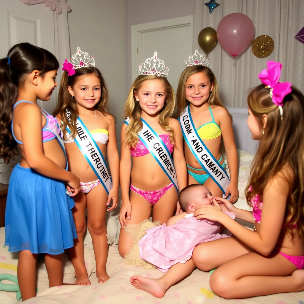 Girls at a sleepover put on a bikini beauty pageant for their babysitter. - Image