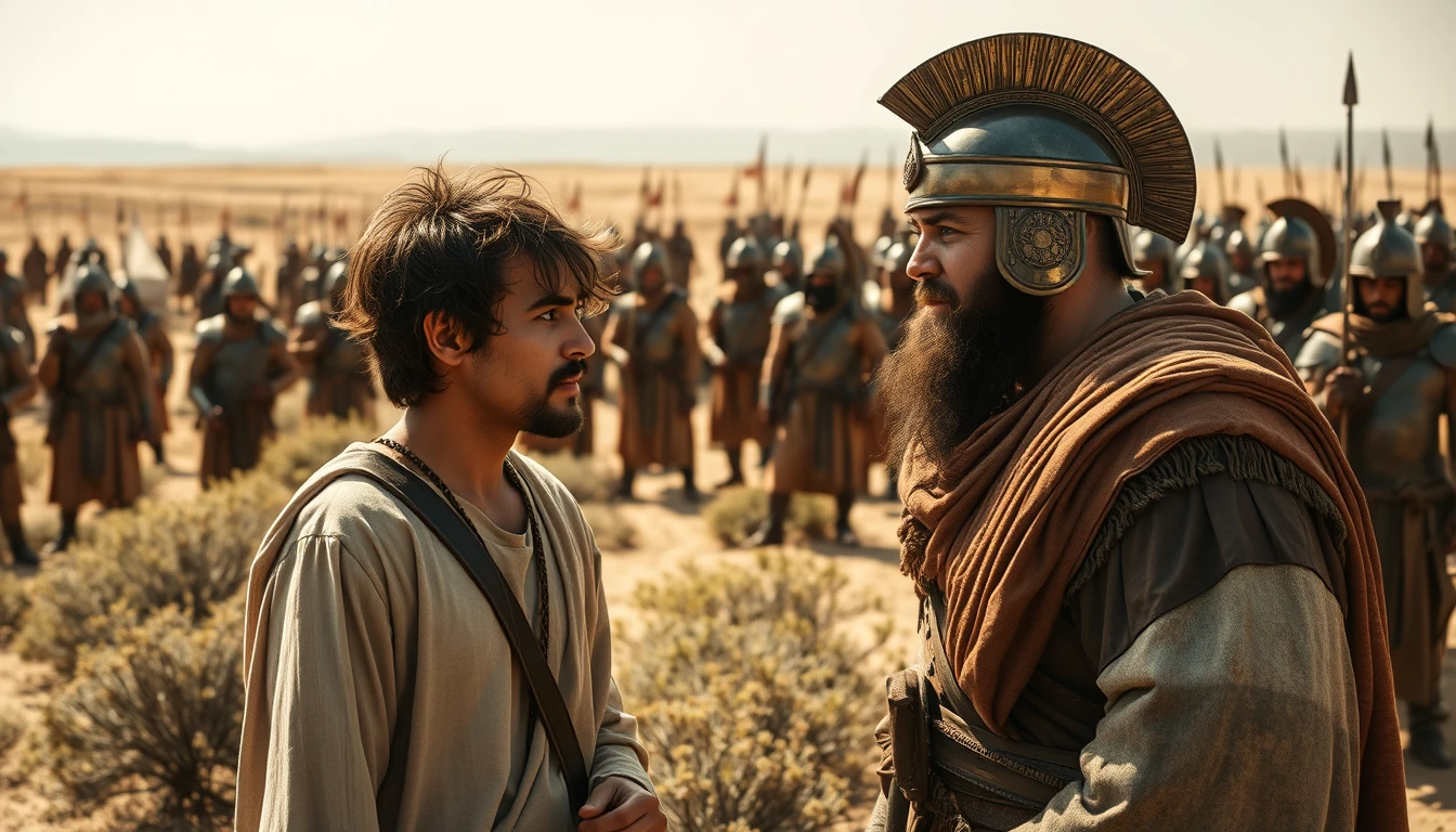 Two men are arguing. One is a young man, with messy hair and a short beard. The other is a middle-aged Mesopotamian king. The young man looks and gestures at the king in disbelief. The young man is dressed in a simple biblical era shepherd's attire. The middle-aged king is dressed as a bronze-age soldier. Both men are surrounded by a diverse group of men in ancient biblical bronze-age soldier armor. In the background are Arabic army tents pitched on a desert shrubland. In the distant horizon stands another army armed and ready to fight. Dramatic lighting.