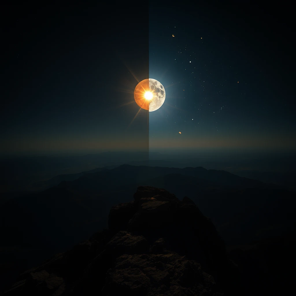 A scene looking from the top of a mountain over dark plains. In the sky, it is night on one side and day on the other, with the aftermath of a sun and moon collision sending bright shards of the sun and chunks of the moon scattered across the sky.