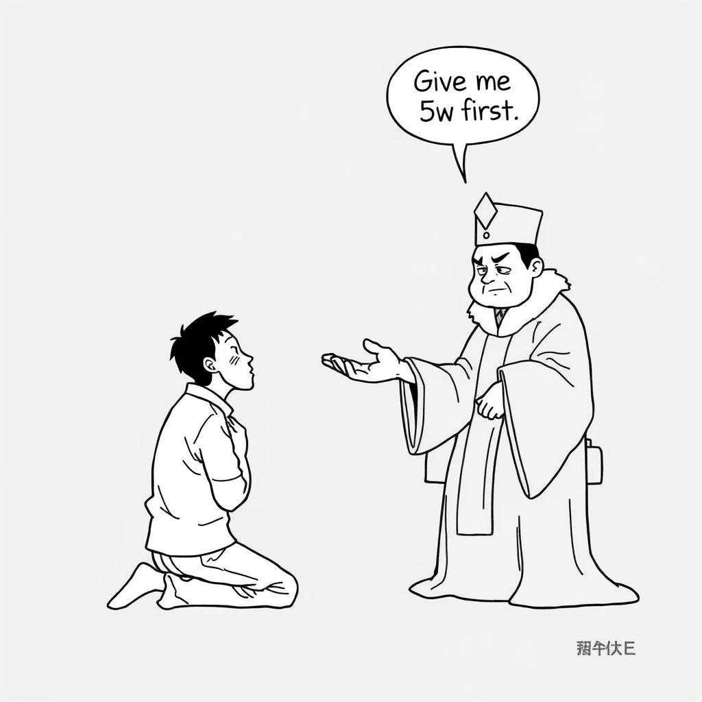 Asian comic, line art, a man kneels before the judge and is crying. The judge held out his hand and said very sneeringly: "Give me 5w first." - Image