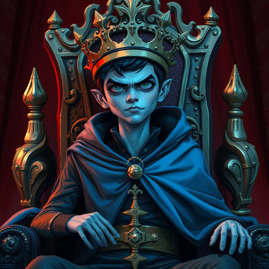 A sickly looking secretly evil young human king on a throne with a blue cape. - Image