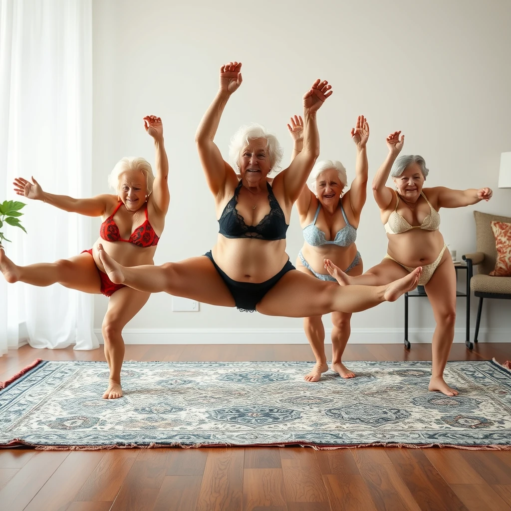 Group of 5 larger older women aged 80 and above in tiny lace bikinis on a rug doing the splits. - Image