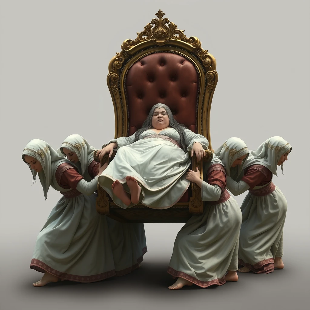 A group of palace maids crawled forward, carrying a luxurious throne on their backs, while the plump queen rested on it.