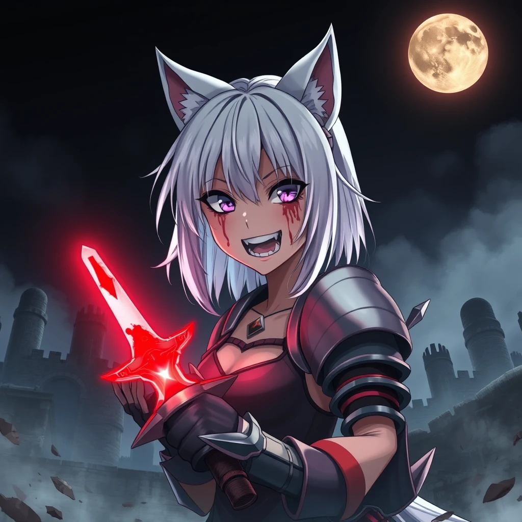 Anime girl with fangs, medium white hair, wolf ears, and a tail, with purple eyes and an evil grin, blood on her face, holding a glowing light red sword full of blood in her right hand. The girl is wearing armor. Old ruins can be seen in the background; it is dark and foggy. In the sky is a full moon. Dramatic, dynamic, cinematic.