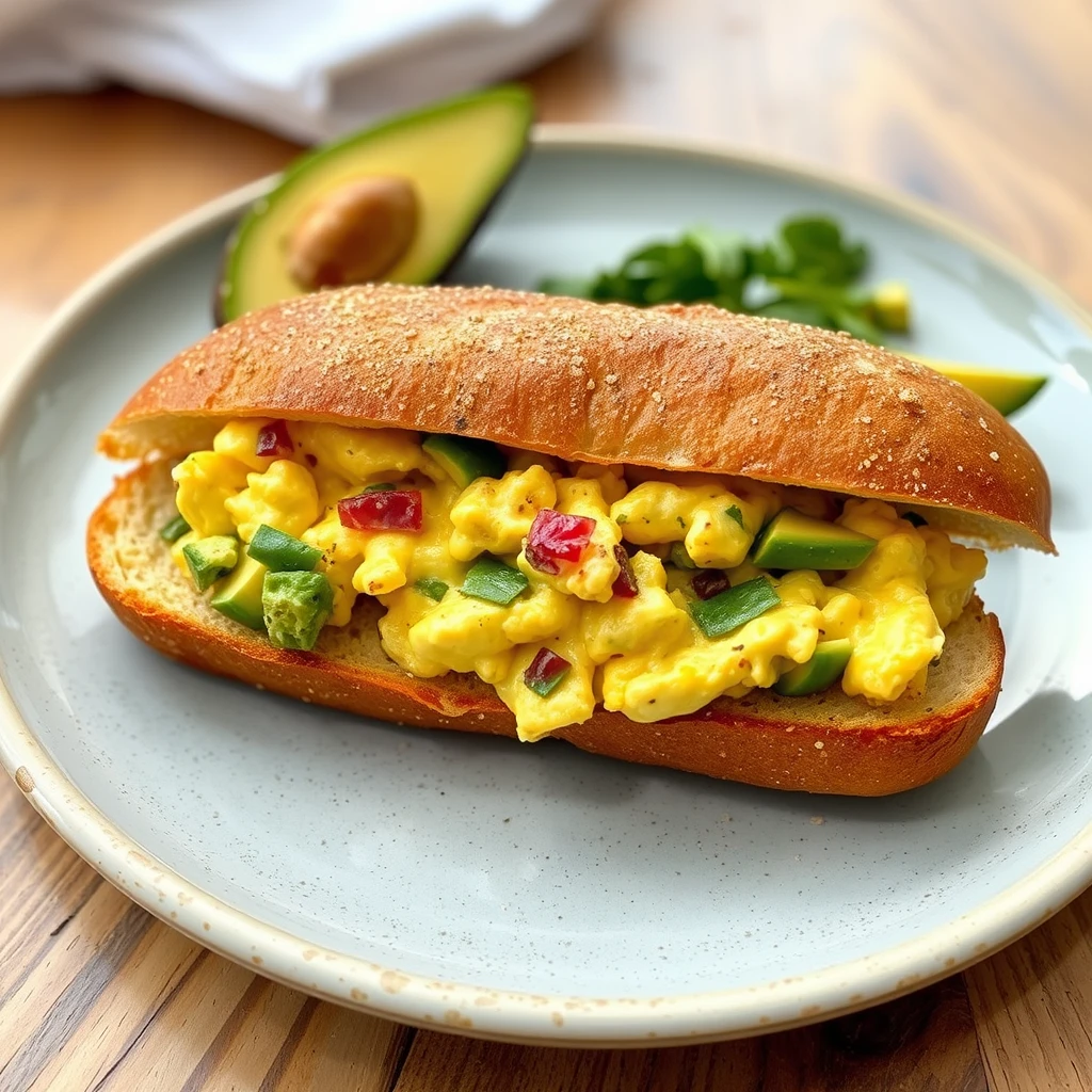 French baguette filled with scrambled eggs and avocado