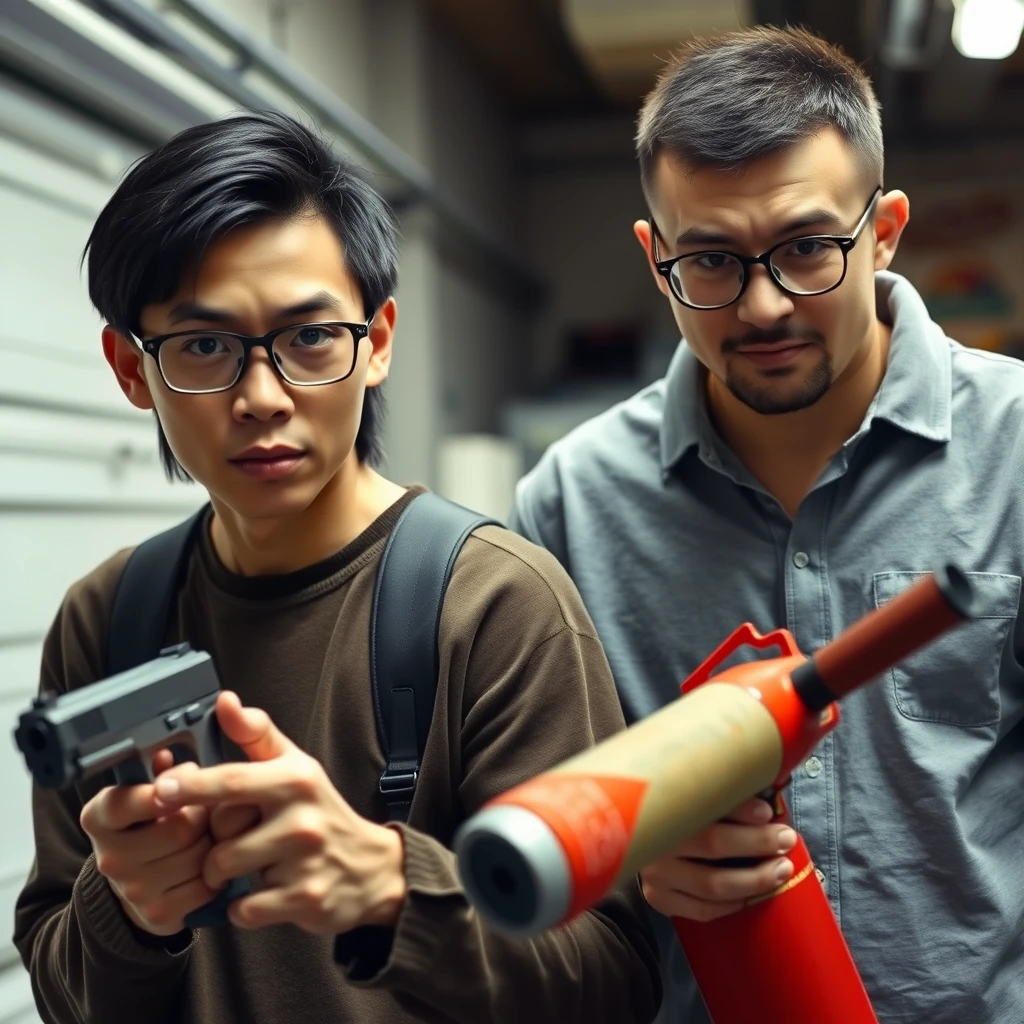 21-year-old white thin long-faced young northern Chinese man with a square chin, wearing square glasses, holding a pistol, "medium to long length hair"; 21-year-old white Italian man wearing round glasses and short hair, holding a very large fire extinguisher flamethrower; garage setting; both angry.