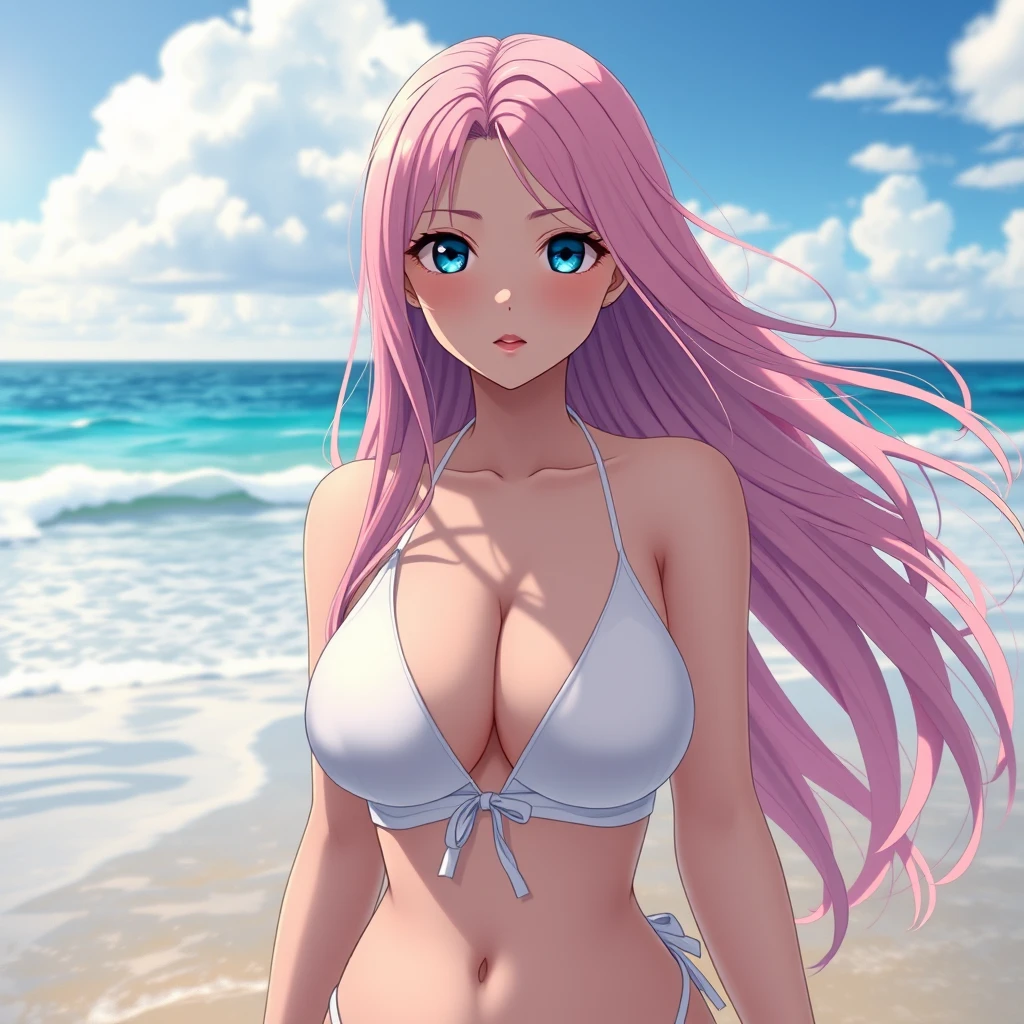 a girl with long pink hair and blue eyes wearing a white bikini at the beach, anime style. gigantic breasts. - Image