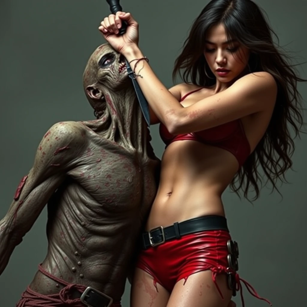 A girl in red sexy battle leather underwear clamps on a zombie's neck, holding a stab and ready to kill him. Realistic photo.