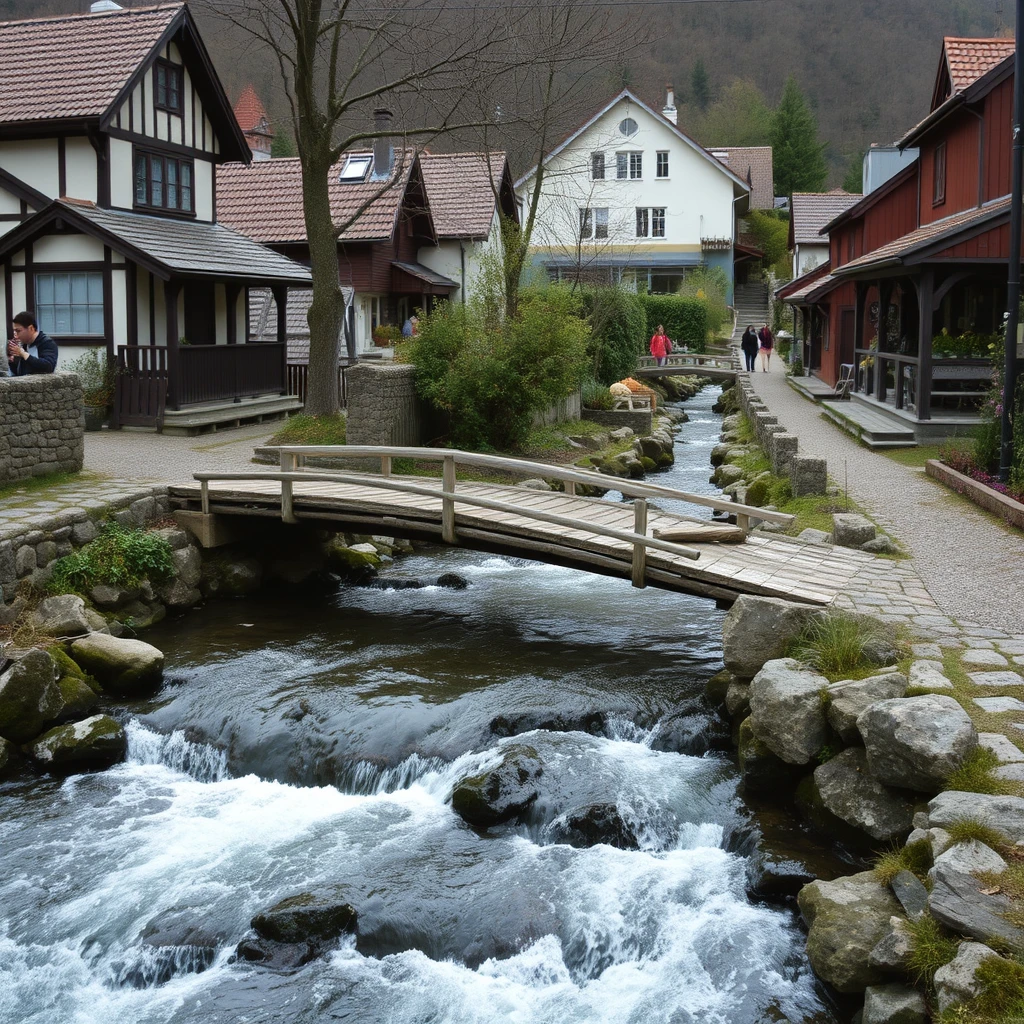 Small bridges and flowing streams amid quaint homes, Fujifilm style. - Image