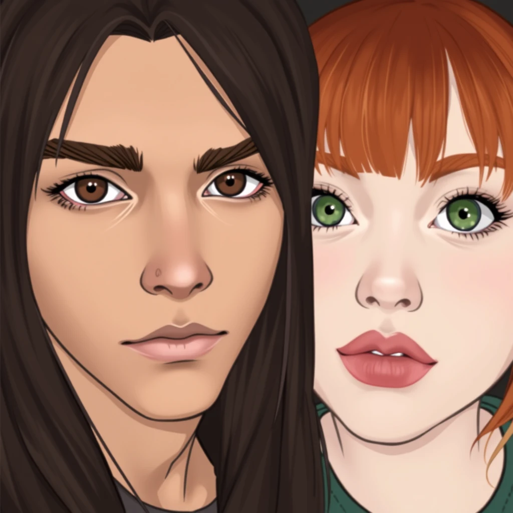 A young guy with long dark brown hair parted in the middle, sharp facial features, pale skin, light brown eyes, thick eyebrows, and long eyelashes, next to a cute white ginger girl with pink lips, green eyes, and bangs. - Image