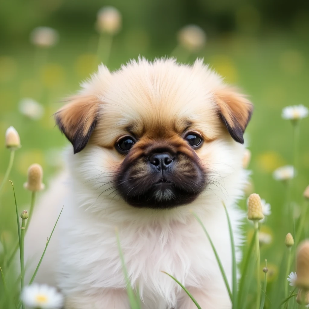 Portrait of a Pekingese puppy in a field. - Image