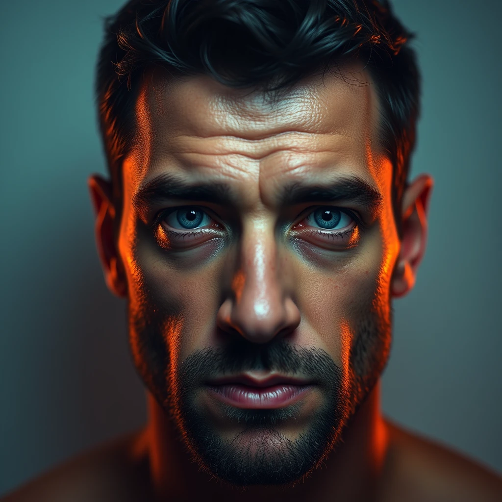 Man Dramatic lighting against white background. Hyper-realistic, high-resolution image, expressive features and coloration.