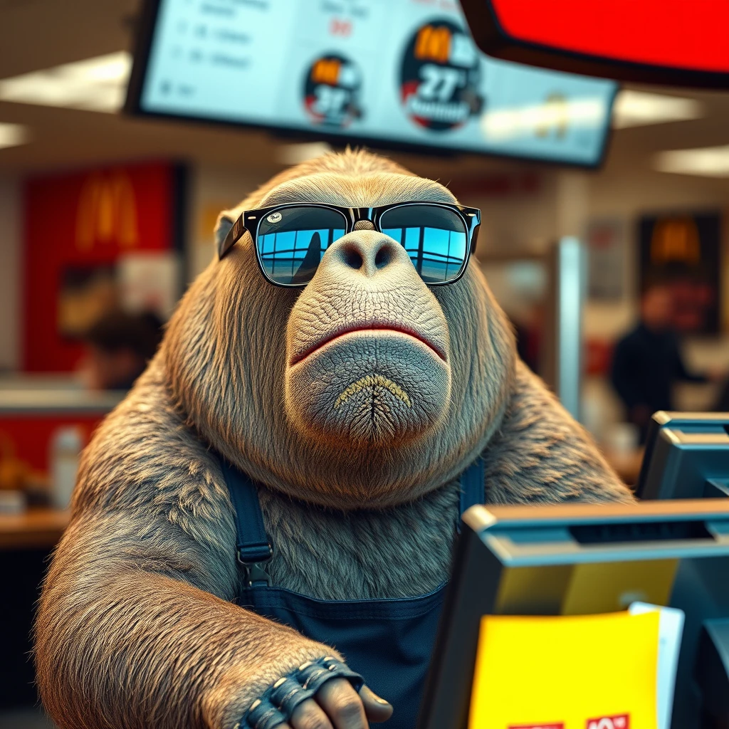 Walrus wearing sunglasses working register at McDonald’s - Image