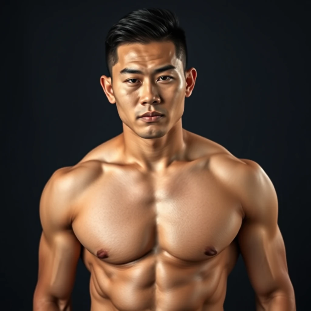 A full body portrait of a muscular beefy Asian male, he has a thin layer of fat over his muscles, buzz cut, 32k UHD, real. - Image