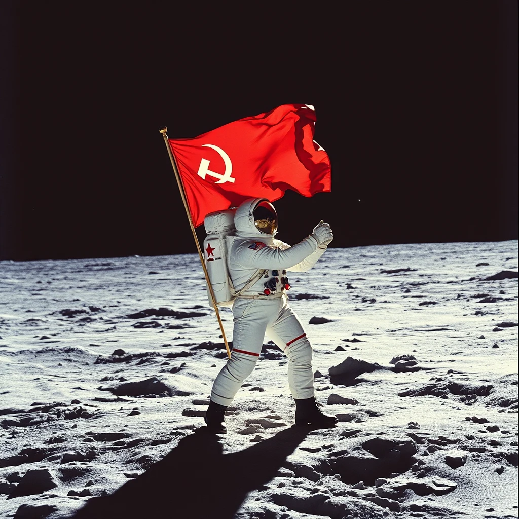 Cosmonaut putting the flag of the Soviet Union on the Moon