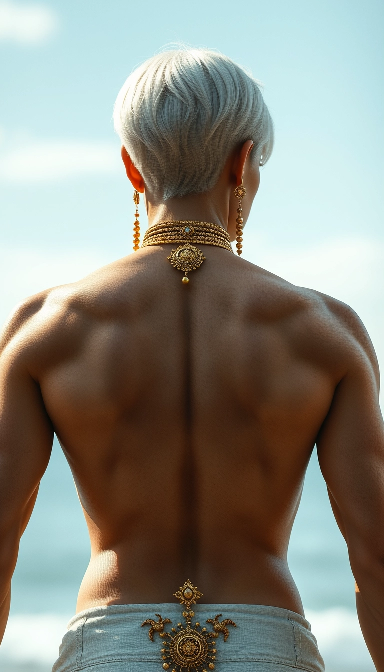 Highly muscular back view of a Russian Korean woman having white platinum hair wearing gold ornaments.