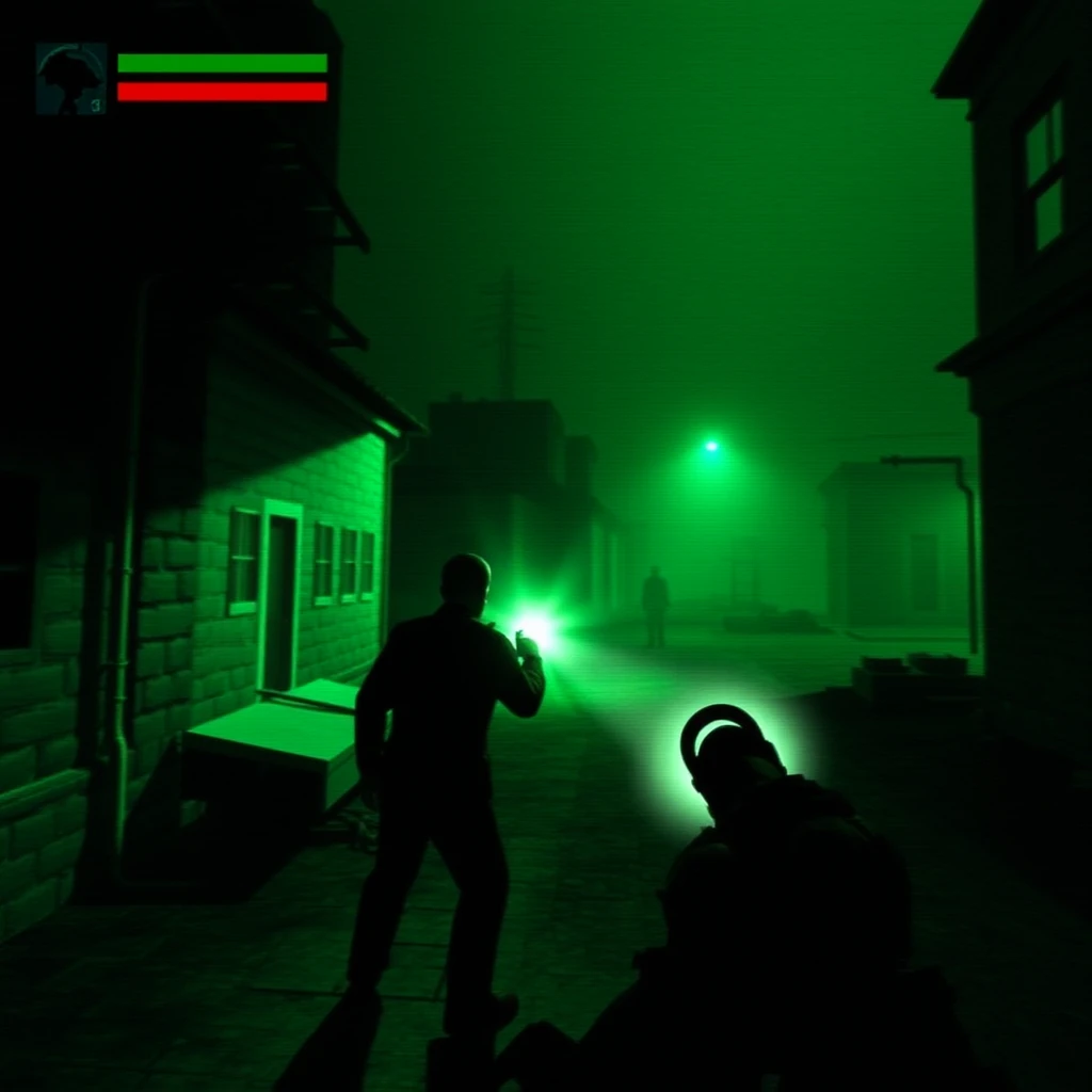 An in-game screenshot from Silent Hill 1. It features the following elements:

1. A dark, foggy environment with limited visibility, creating an eerie atmosphere.

2. The main character, Harry Mason, visible from a third-person perspective, usually holding a flashlight or weapon.

3. Grainy, low-resolution graphics typical of PlayStation 1 era games.

4. A heads-up display (HUD) showing Harry's health status and equipped item.

5. Dilapidated buildings or abandoned streets of the town of Silent Hill.

6. One of the game's grotesque monsters, such as the iconic Nurse or Air Screamer.

7. A green tint to the overall image, which was characteristic of the game's visual style.

8. Static or film grain effect overlaying the screen, adding to the unsettling atmosphere.

9. Shadows cast by Harry's flashlight, creating contrasting areas of light and darkness.

10. Environmental puzzles or interactive objects crucial to progressing in the game. - Image